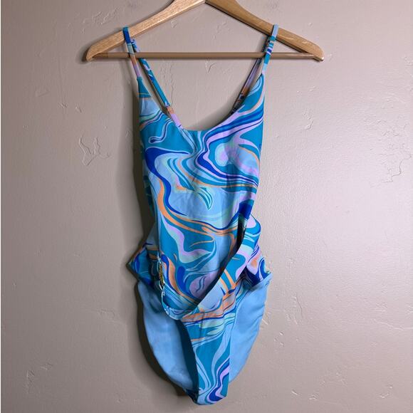 Palms Away Blue Tye Dye One Piece with Belt CrissCross Straps - Picture 2 of 5